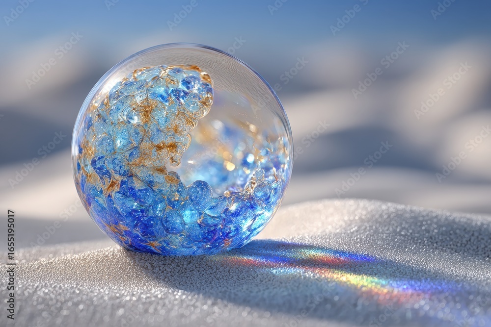 Poster a captivating crystal orb with swirling blue and gold patterns rests on a sandy surface, creating a 