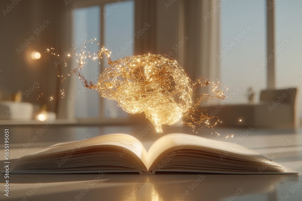 Poster an illuminated golden brain floats above an open book in a bright room, symbolizing knowledge, innov
