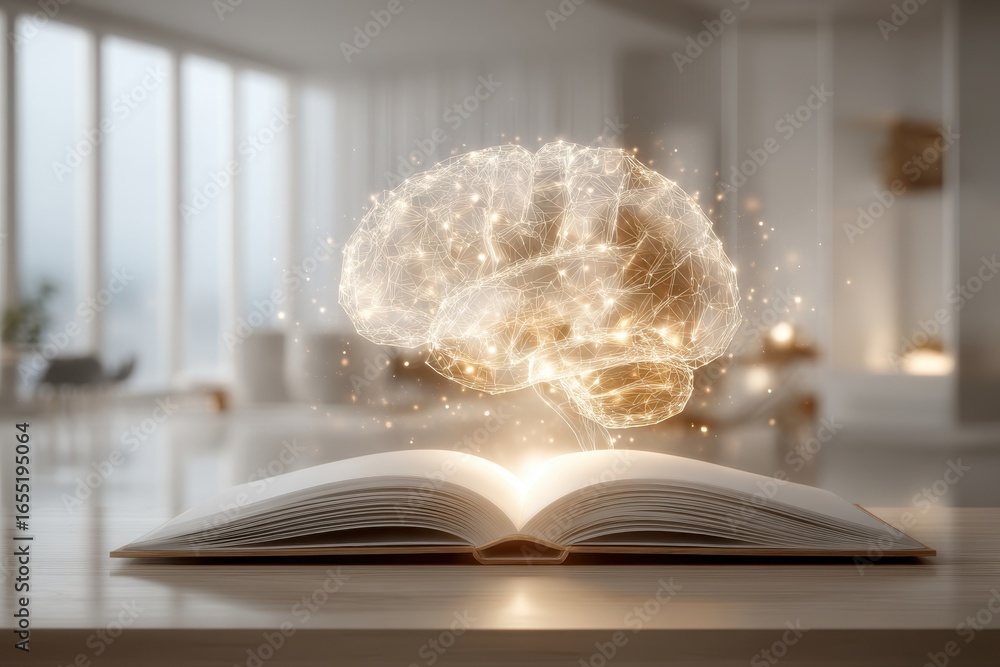Poster conceptual image featuring a glowing, abstract brain above an open book, symbolizing knowledge and e