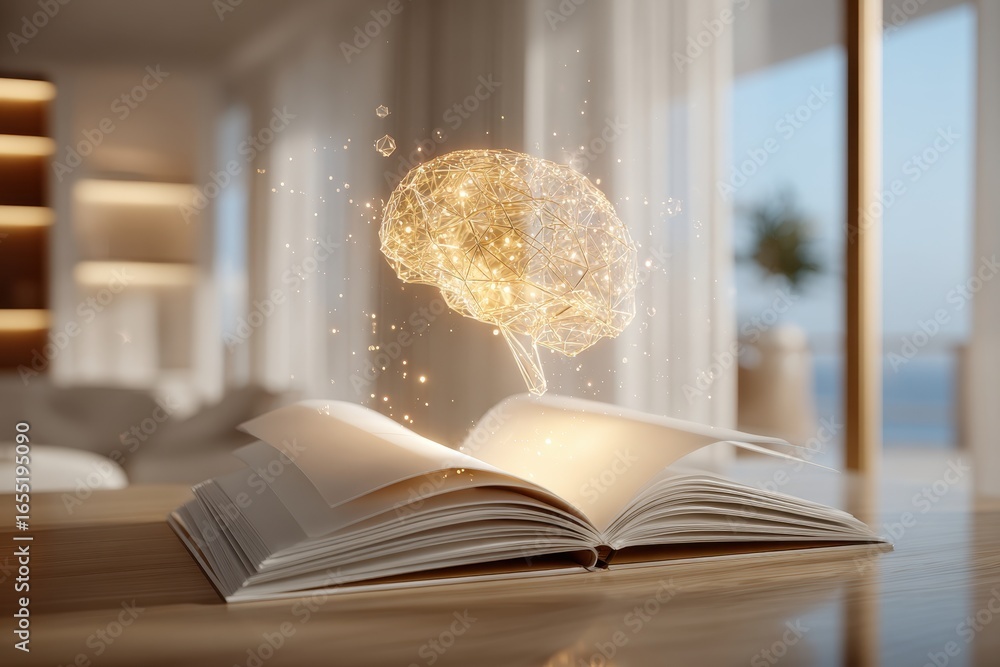 Poster an open book on a table with a glowing brain hovering above, representing knowledge, intelligence, l