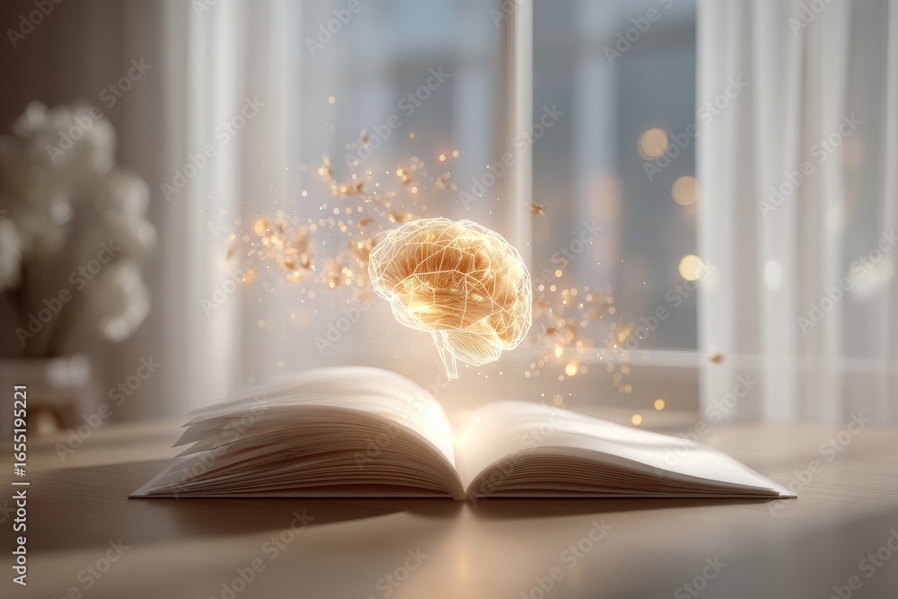 Poster conceptual image illustrating knowledge and learning, depicting a glowing brain above an open book s