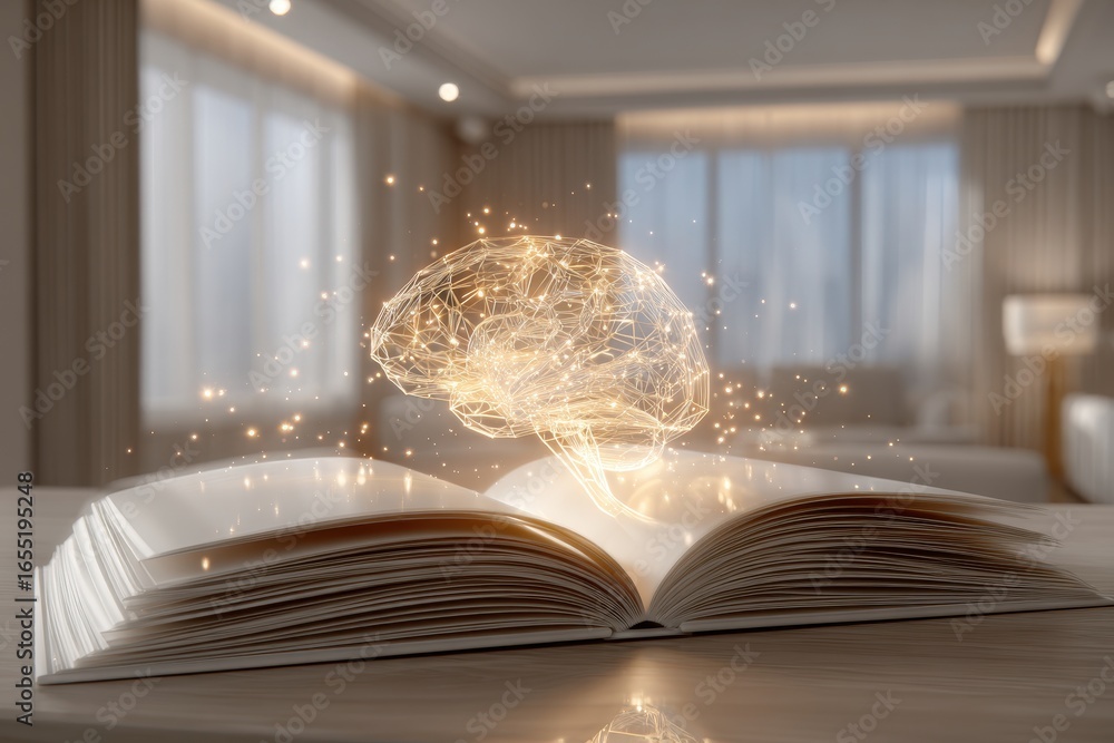 Poster open book with a holographic brain hovering above it, glowing with energy, symbolizing knowledge and