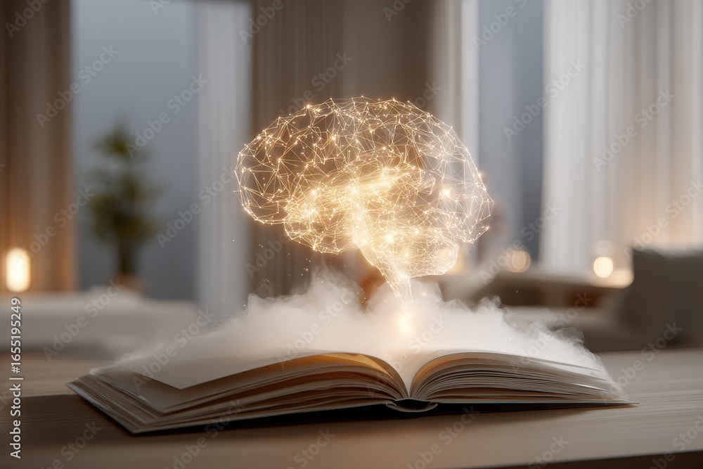 Poster a glowing brain emerging from an open book, symbolizing knowledge, intelligence and the power of lea