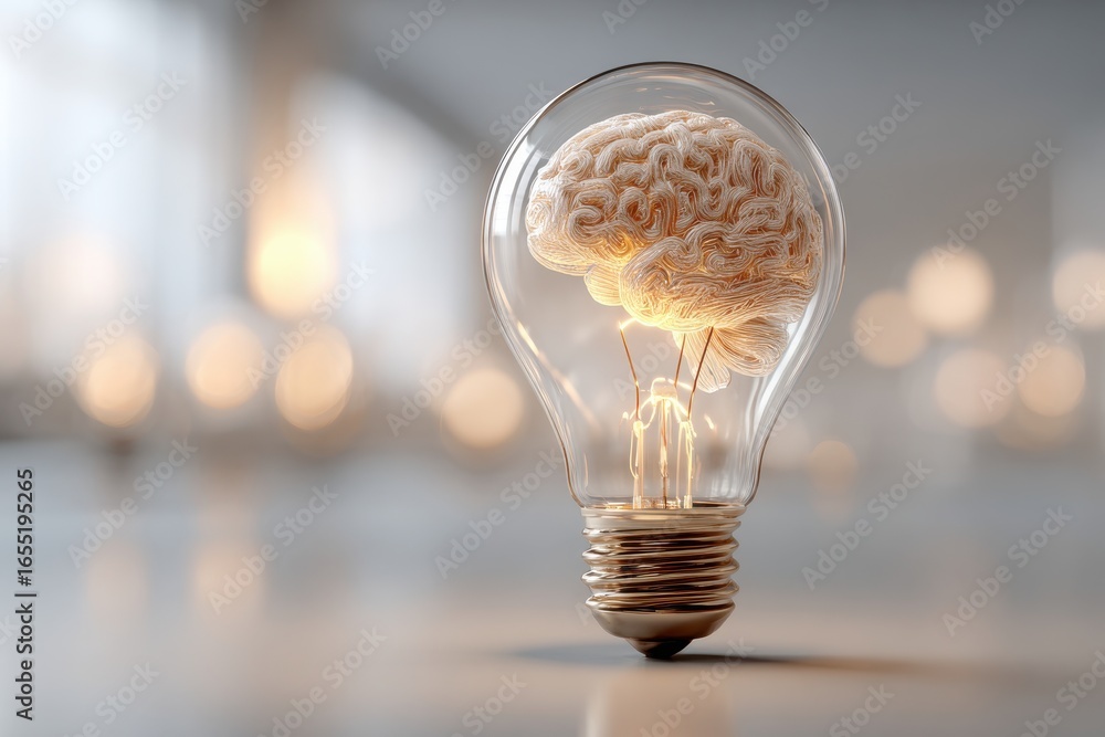 Poster conceptual image of a brain inside a light bulb, symbolizing innovation and intelligence, generating