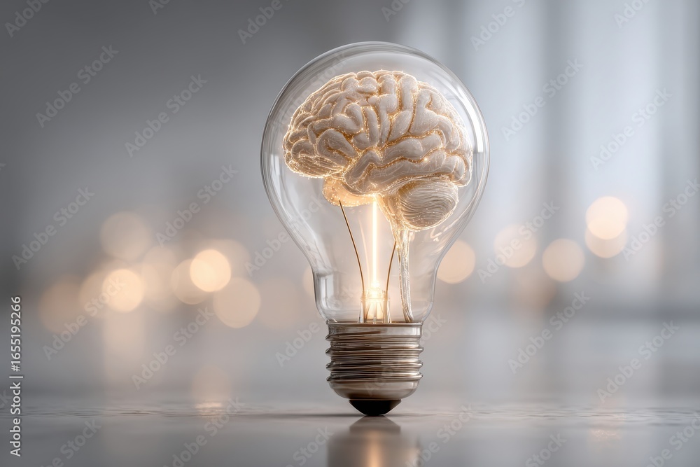 Poster a creative representation of an idea: brain inside light bulb, conceptual image that symbolizes inno