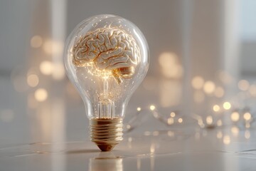 A conceptual image showcasing a human brain encased in a lightbulb, symbolizing innovation and creative ideas, sparking inspiration and the power of the mind.