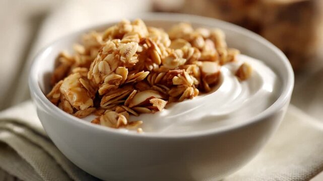 Granola topping white yogurt in white bowl, light neutral background