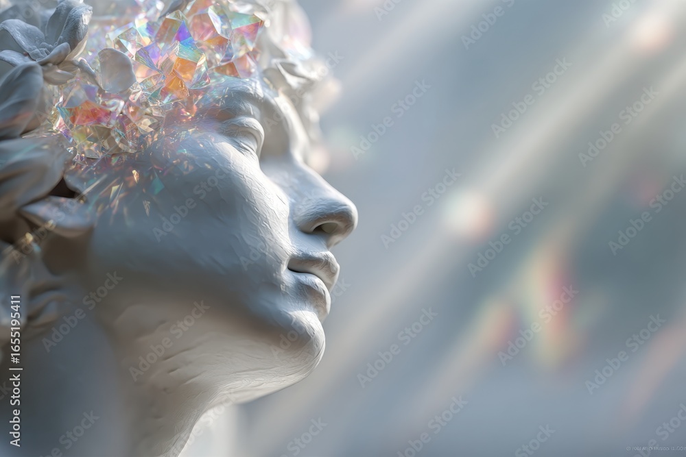 Poster a mesmerizing close-up of a white statue head adorned with iridescent gems, casting vibrant light pa