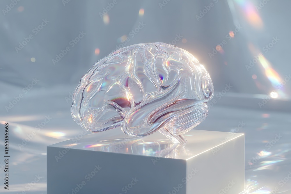 Poster a translucent brain sits on a white block with light refracting through the brain, representing a ne