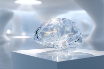 A transparent glass brain rests on a white pedestal in a bright, futuristic space, symbolizing intelligence, innovation, and the power of the human mind.