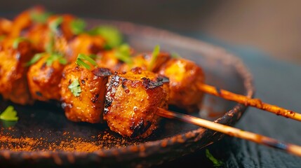 Closeup of delicious spicy chicken skewers on a dark plate with garnish