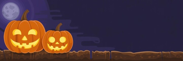 Naklejka premium Cartoon Vector Halloween Banner — Two Glowing Orange Jack-o'-Lantern Pumpkins Brown Ledge Full Moon, Dark Purple Night, Copy Space — Panoramic Landing-Page Hero Fall Promotion, Trick‑or‑Treat & Family