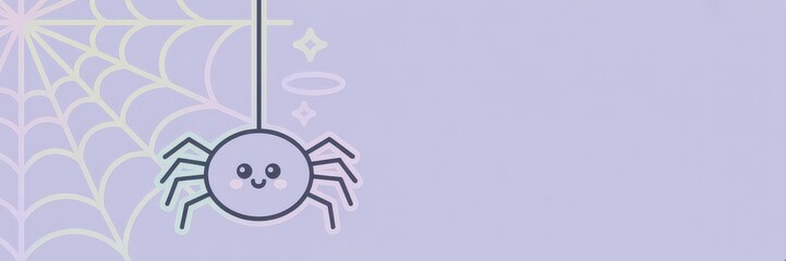 Pastel Kawaii Vector Illustration &mdash; Cute Smiling Hanging Spider Sticker Spider Web, Sparkles & Halo Lavender Background | Left-Aligned Horizontal Halloween Banner Copy Space &mdash; Kid & Family-Friendly So