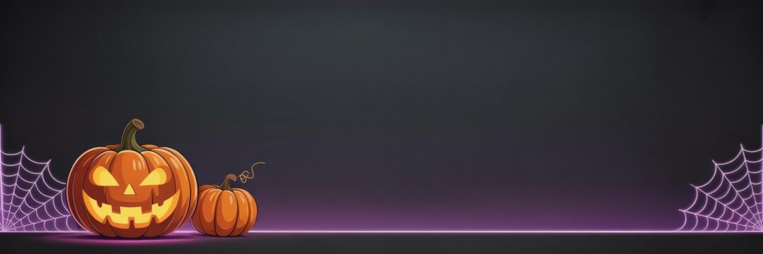 Halloween Vector Banner — Glowing Orange Jack‑o'‑Lantern & Small Pumpkin Tendril, Neon Purple Spiderwebs Dark Textured Background, Left‑Aligned Copy Space — Wide Horizontal Hero Image Social Media, Em