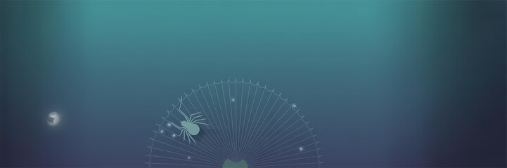 Halloween Website Header/Banner — Minimalist Teal‑Aqua Gradient Vector Semi‑Circular Spider Web, Dew Drops & Glowing Moon — Wide Panoramic Copy Space (Spooky, Entrapment Theme)