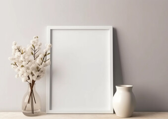 blank frame mockup with flowers on wooden table