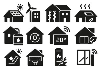 Fototapeta premium Sustainable Building Icons. Solid style icons of sustainable buildings: solar roof, wind-integrated tower, green walls, passive