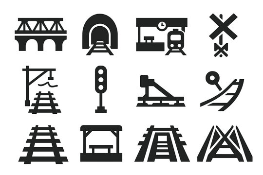 Train Infrastructure Icons. Solid style icons of train infrastructure: railway bridge, train tunnel, train station, rail crossing,