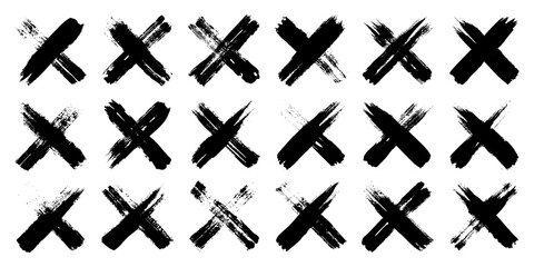 Obraz premium Grunge crosses, brush strokes, x mark, lines, ink smudges, hand-drawn scribble shapes. Handmade sketchy marks, acrylic stains, charcoal streaks. Paint textures, dry brush effect. Vector illustration