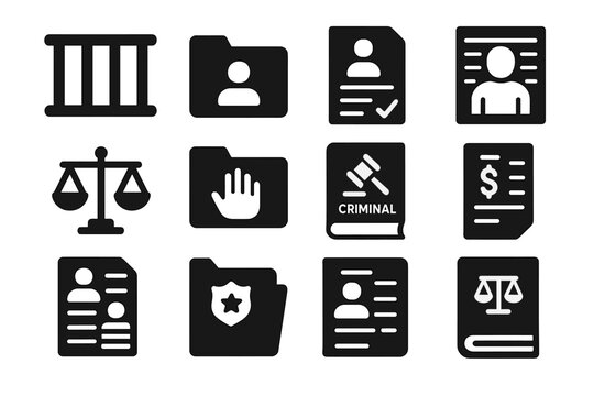 Criminal Law Icons. Solid style icons of criminal law: jail bars icon, felony case file, prosecution document, mugshot board,