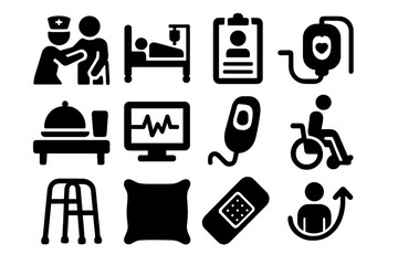Hospital Care Icons. Solid style icons of patient care and recovery: nurse assisting patient, bed with IV stand, wheelchair icon,