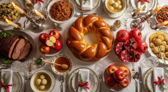 festive table set for rosh hashanah with traditional foods: braided challah, apples, pomegranates, sweet honey, and candles. jewish new year celebration. greeting card, poster - Powered by Adobe