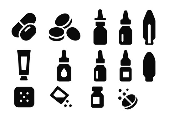 Medicine Icons Collection. Solid style icons of types of medicine: capsules icon, chewable tablets, soft gels symbol, nasal spray