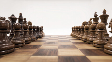 A close-up of wooden chess board with chess pieces on both sides
