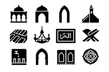 Obraz premium Mosque Interior Elements. Solid style icons of mosque interior elements: prayer hall, qibla wall, mihrab niche, minbar pulpit,