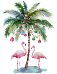 A pair of adorable pink flamingos standing under a palm tree decorated with colorful Christmas ornaments