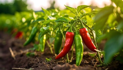 Red and green chili peppers hanging from plants in a sunny agricultural field.