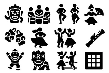 Fototapeta premium Cultural Dance Icons. Solid style icons of cultural dance and performance: masked dancer, drum circle, footstep pose, fan dancer,