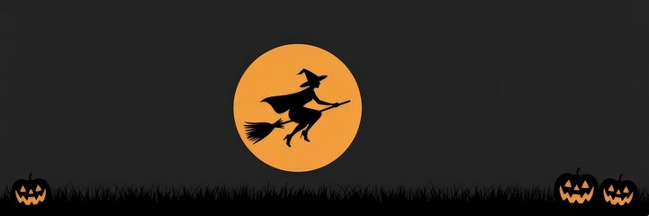 Flat Vector Halloween Banner &mdash; Female Witch Silhouette Broom Flying Past Orange Full Moon Jack-o'-Lanterns & Grass, Dark Gray Background, Wide Panoramic Web/Social Media Header Copy Space (Black & Ora