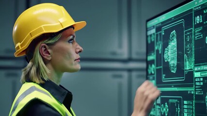 Female engineer in safety gear monitors digital interface systems at industrial facility. Construction technology, manufacturing automation, workplace, technical supervision, computing. - Powered by Adobe