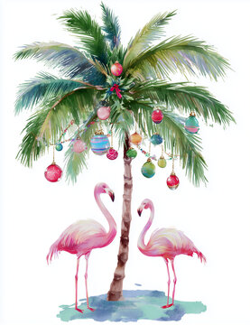 A pair of adorable pink flamingos standing under a palm tree decorated with colorful Christmas ornaments