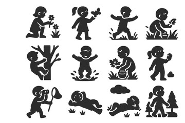 Kids Enjoying Nature. Solid style icons of kids in nature: picking flowers, holding butterfly, running in field, climbing tree,