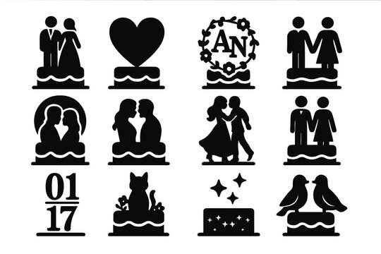 Wedding Cake Toppers. Solid style icons of wedding cake toppers: bride and groom figures, heart topper, initials monogram, floral - Powered by Adobe