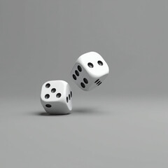 Two white dice rolling in mid-air against a gray background, symbolizing chance and gaming excitement.