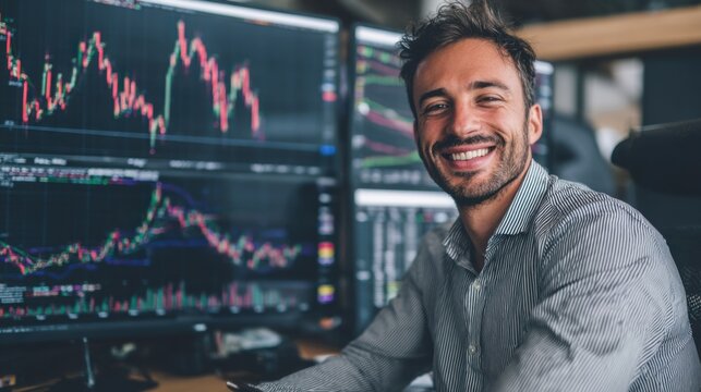 A man is focused on his work at a trading desk filled with multiple monitors showing stock market graphs and data. He smiles confidently, suggesting satisfaction with his performance.