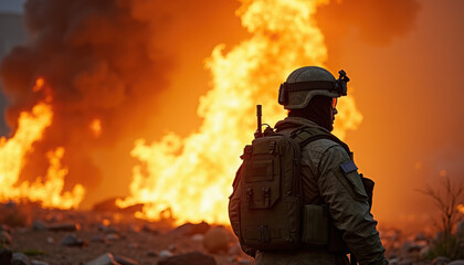 Naklejka premium Soldier in Tactical Gear Stands Before a Fiery Explosion in a War Zone, Evoking a Sense of Tension and Urgency