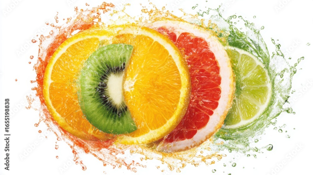 Poster slices of various fruits including orange, kiwi, grapefruit, and lime are splashing in water, creati