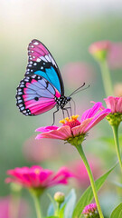 Obraz premium Pink blue butterfly on pink flower insect black