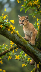 Fototapeta premium Puma cub perched on mossy branch with yellow flowers