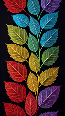 Colorful skeleton leaves on black blue