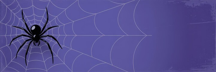 Minimalist Purple Grunge Halloween Banner Vector &mdash; Wide Horizontal Social Media Header Template Black Spider Silhouette White Spider Web, Copy Space Party, Haunted Attraction & Seasonal Sale