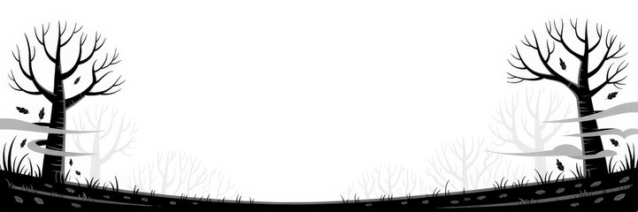 Fototapeta premium Panoramic Monochrome Vector — Halloween & Autumn/Fall Promotion Banner, Black Silhouette Bare Trees Falling Leaves Swirling Fog White Background, Grassy Hill & Stone Details, Central Copy Space Social