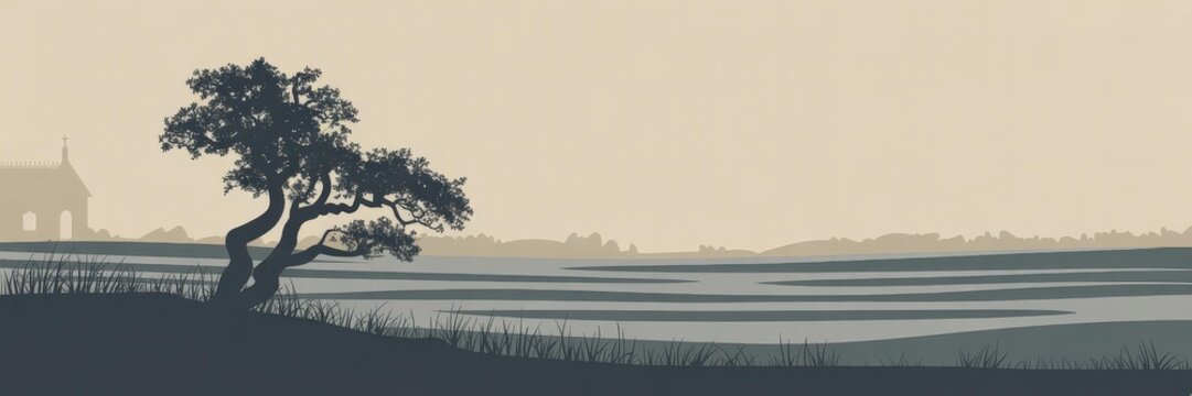 Minimalist Vector Panoramic Banner &mdash; Windswept Twisted Tree & Reed Grass Silhouette, Chapel Shoreline, Layered Blue‑Gray Seascape & Hills, Beige Sky &mdash; Mindfulness/Spiritual Retreat Website Hero Copy S