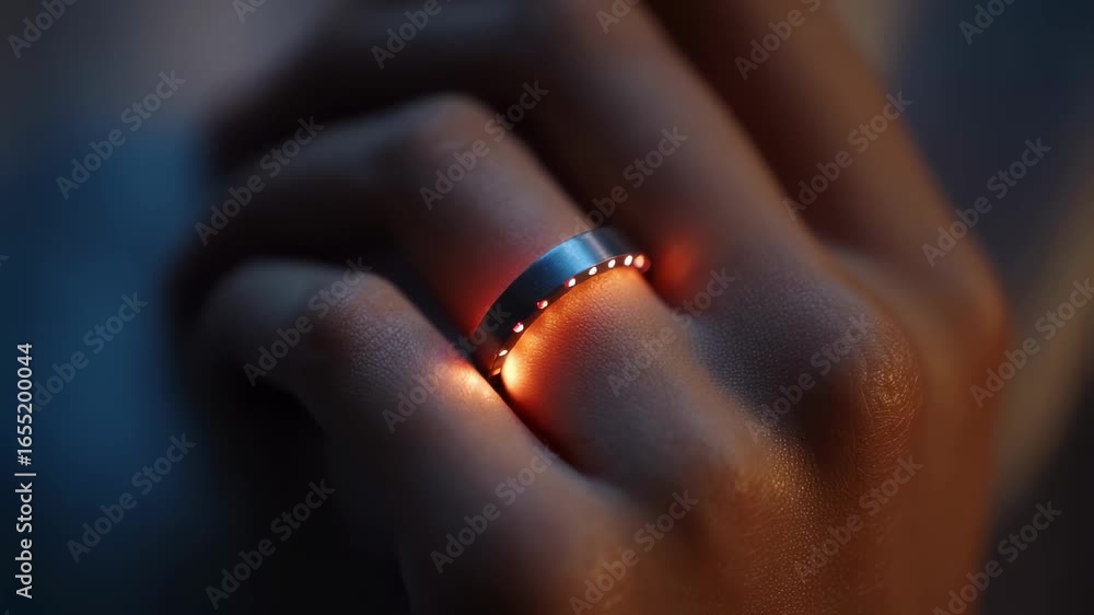 Poster medium shot of a smart ring worn on a womans finger cycle phases illuminated subtly while the backgr