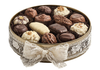 A tin of French chocolates, with each piece wrapped in delicate lace and adorned with intricate designs, arranged neatly inside the box. isolated on a transparent background in PNG format.