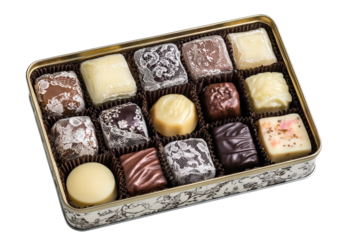 A tin of French chocolates, with each piece wrapped in delicate lace and adorned with intricate designs, arranged neatly inside the box. isolated on a transparent background in PNG format.